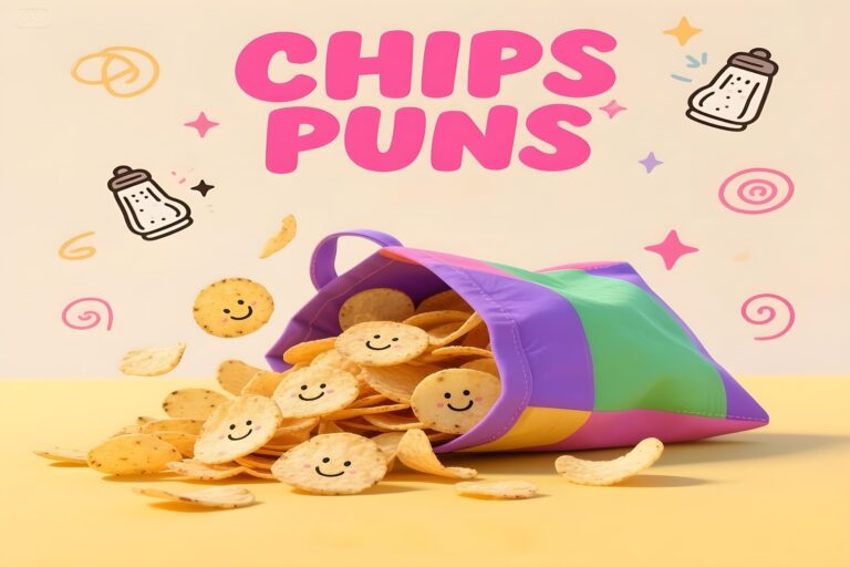 A playful graphic featuring various puns related to chips, illustrated in a colorful and engaging design.