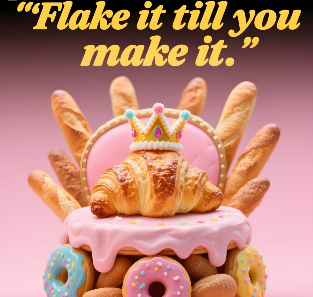 A playful croissant with the text "flake it till you make it," showcasing a fun pun on baking and perseverance.