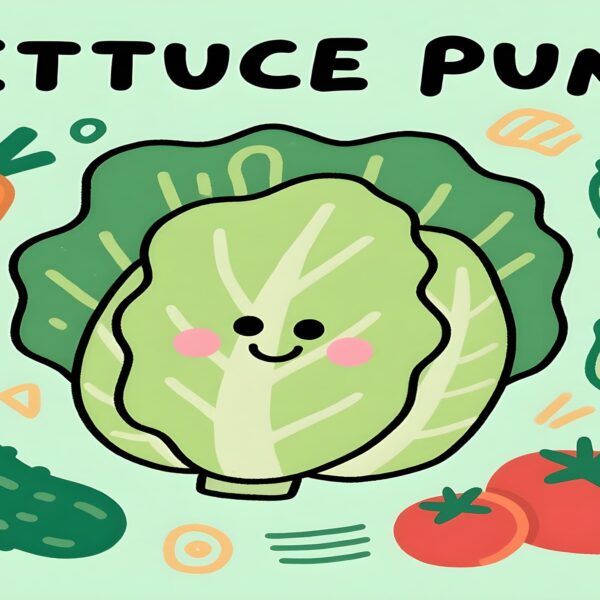 A cute cat character presenting various lettuce puns, illustrated in a colorful and whimsical style.