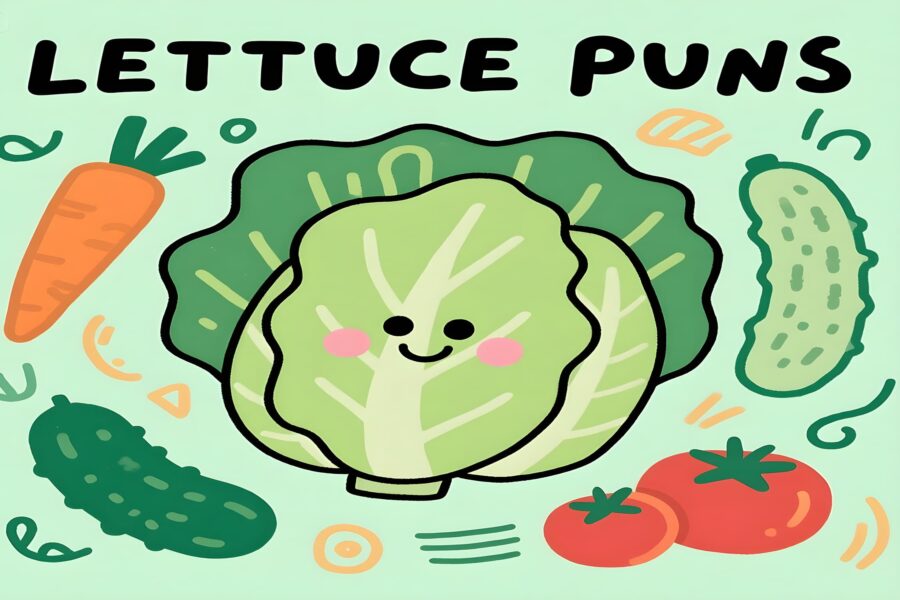 A cute cat character presenting various lettuce puns, illustrated in a colorful and whimsical style.