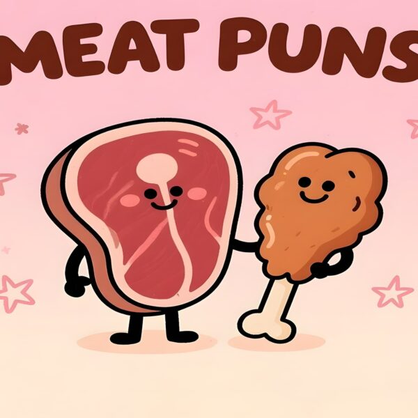 Cute illustration of a kawaii cat sharing funny meat puns, featuring playful text and vibrant colors.