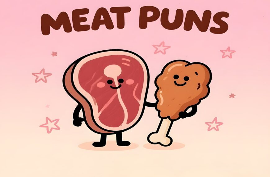Cute illustration of a kawaii cat sharing funny meat puns, featuring playful text and vibrant colors.