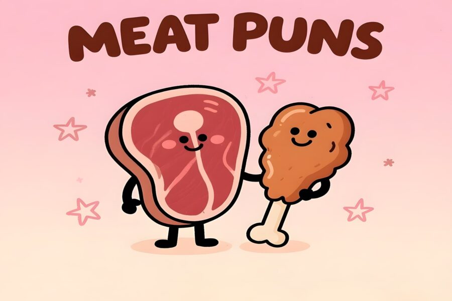 Cute illustration of a kawaii cat sharing funny meat puns, featuring playful text and vibrant colors.