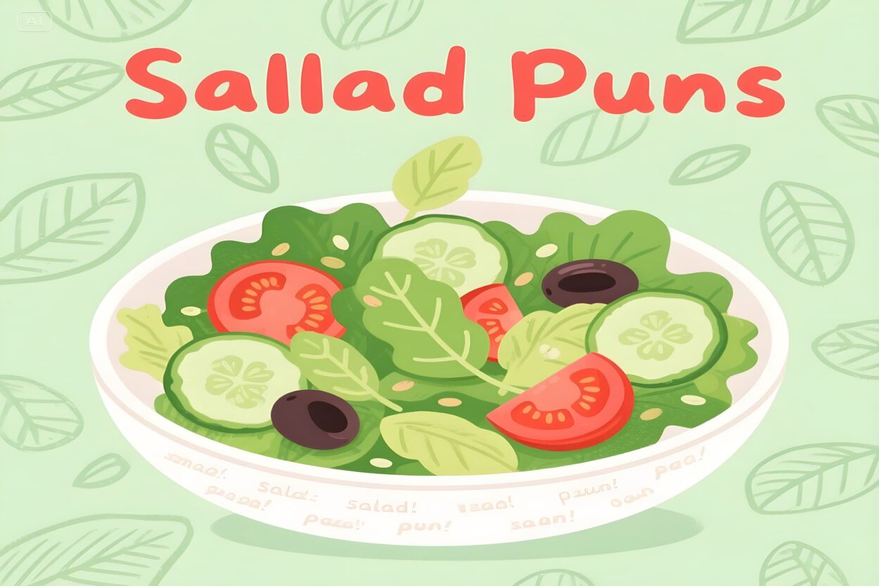 Colorful vector illustration showcasing various salad puns in a fun and engaging design.