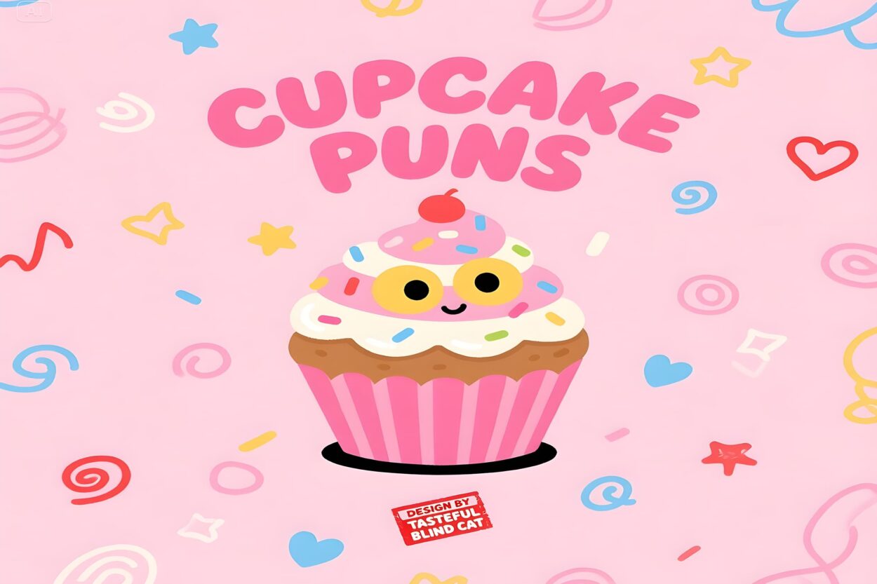 A vibrant image of adorable cupcakes adorned with humorous puns, reflecting a fun and lighthearted style by Kawaii Kawaii.