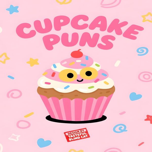 A vibrant image of adorable cupcakes adorned with humorous puns, reflecting a fun and lighthearted style by Kawaii Kawaii.