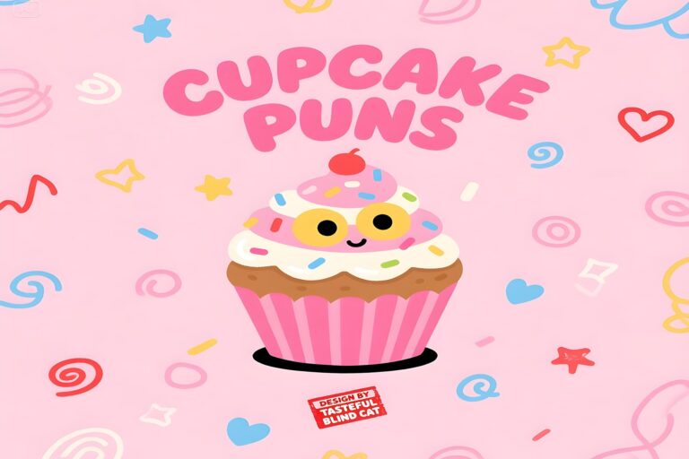 A vibrant image of adorable cupcakes adorned with humorous puns, reflecting a fun and lighthearted style by Kawaii Kawaii.
