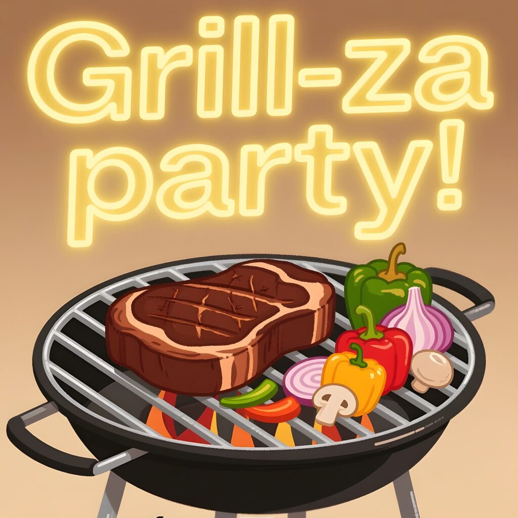 Image of a Grill-Za party game screenshot showcasing colorful graphics and humorous BBQ puns for entertainment.