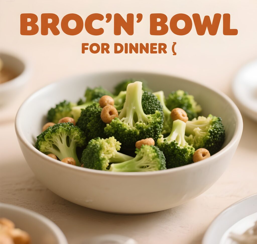 A bowl filled with fresh broccoli, ready for a healthy dinner, with a playful pun about broccoli.