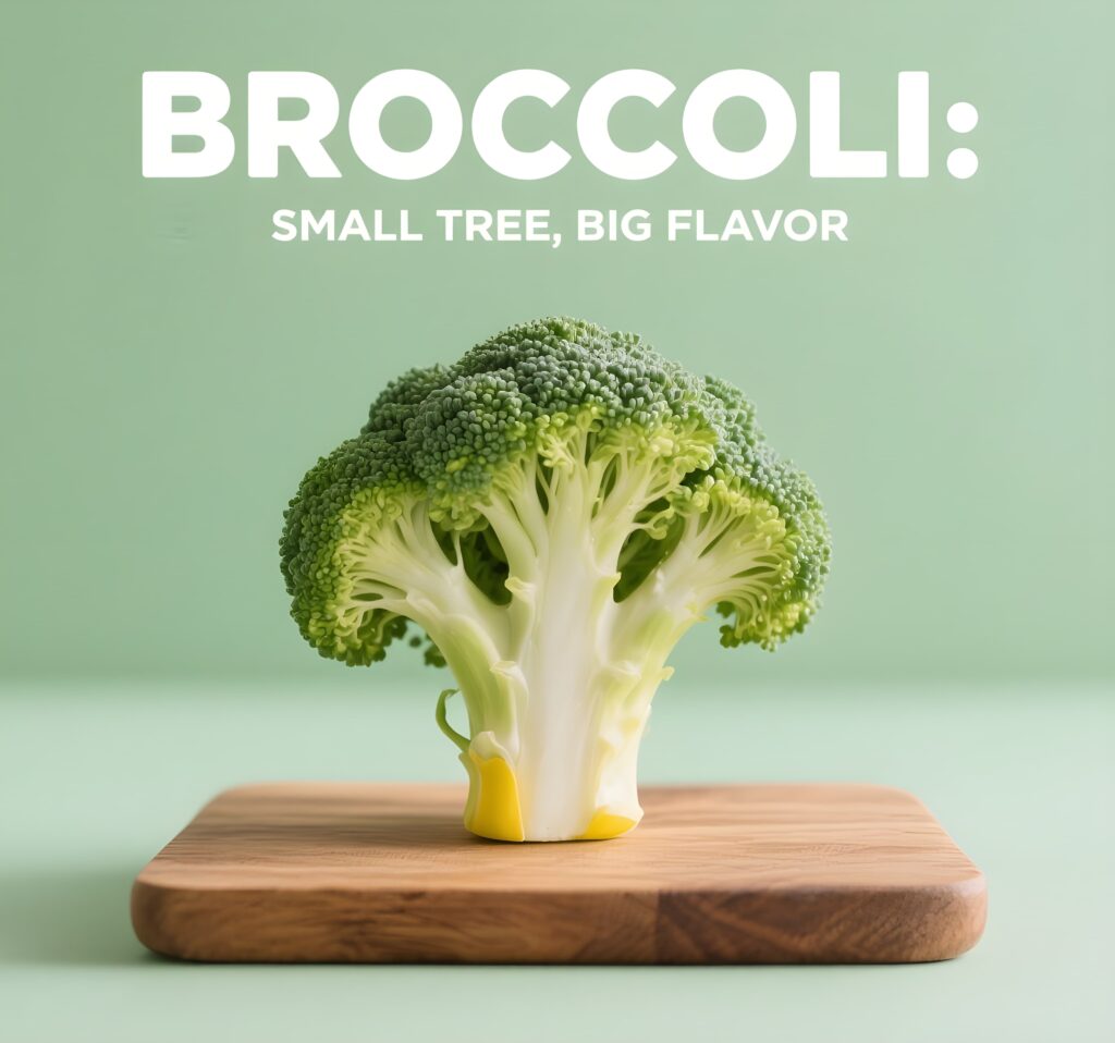 A small broccoli resembling a tree, highlighting its big flavor with a fun pun about its tree-like shape.
