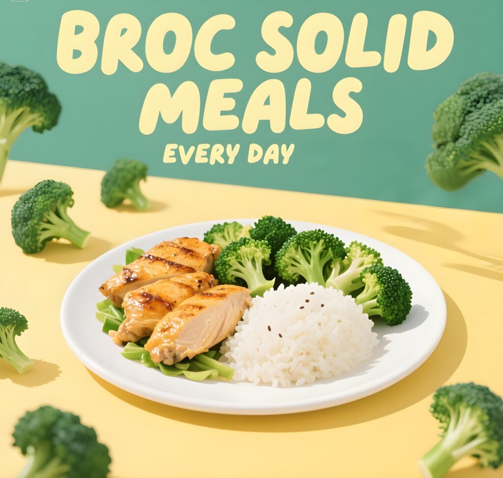 A playful broccoli character with a smile, promoting healthy meals and fun puns about eating broccoli every day.