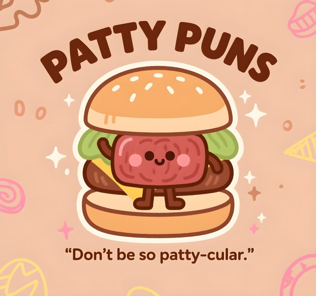 A humorous burger pun reads, "Patty puns don't be so patty-cullar," featuring playful typography and burger imagery.