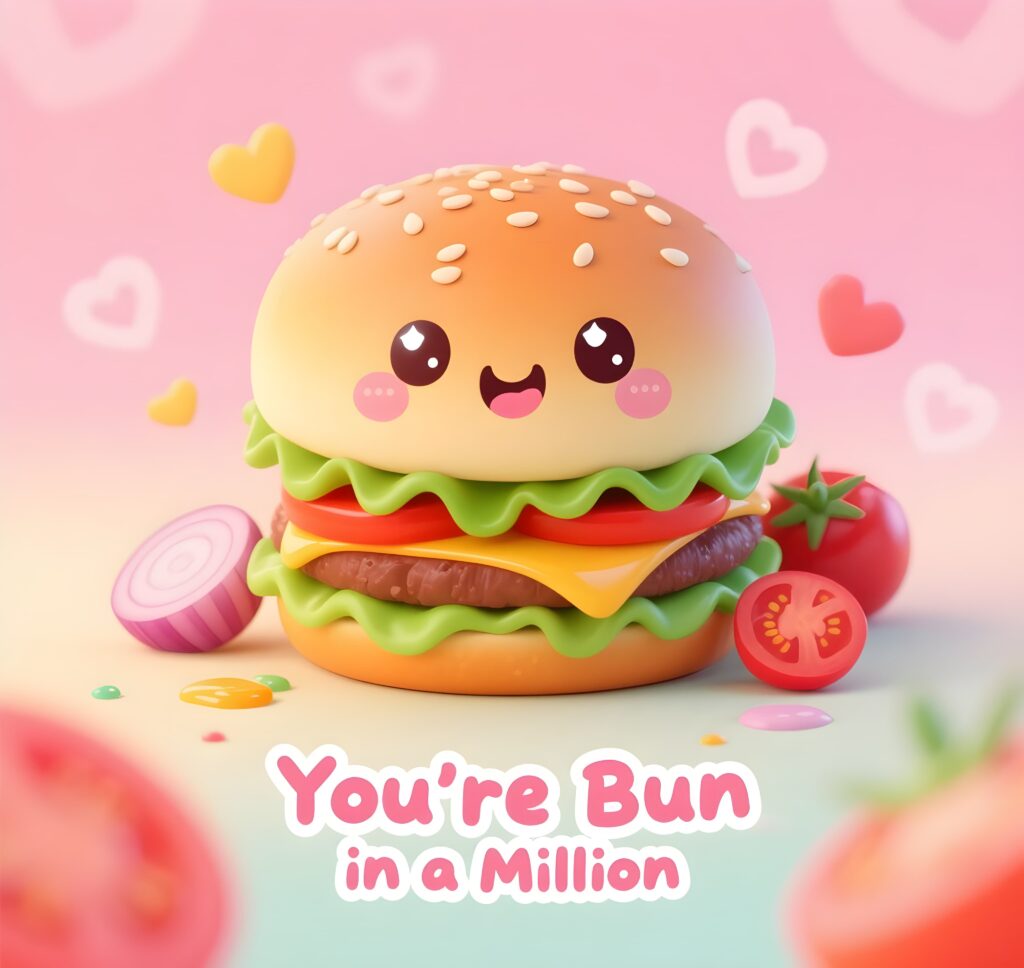 A vibrant illustration of a burger accompanied by the phrase "You're bun in a million," highlighting a fun burger pun.
