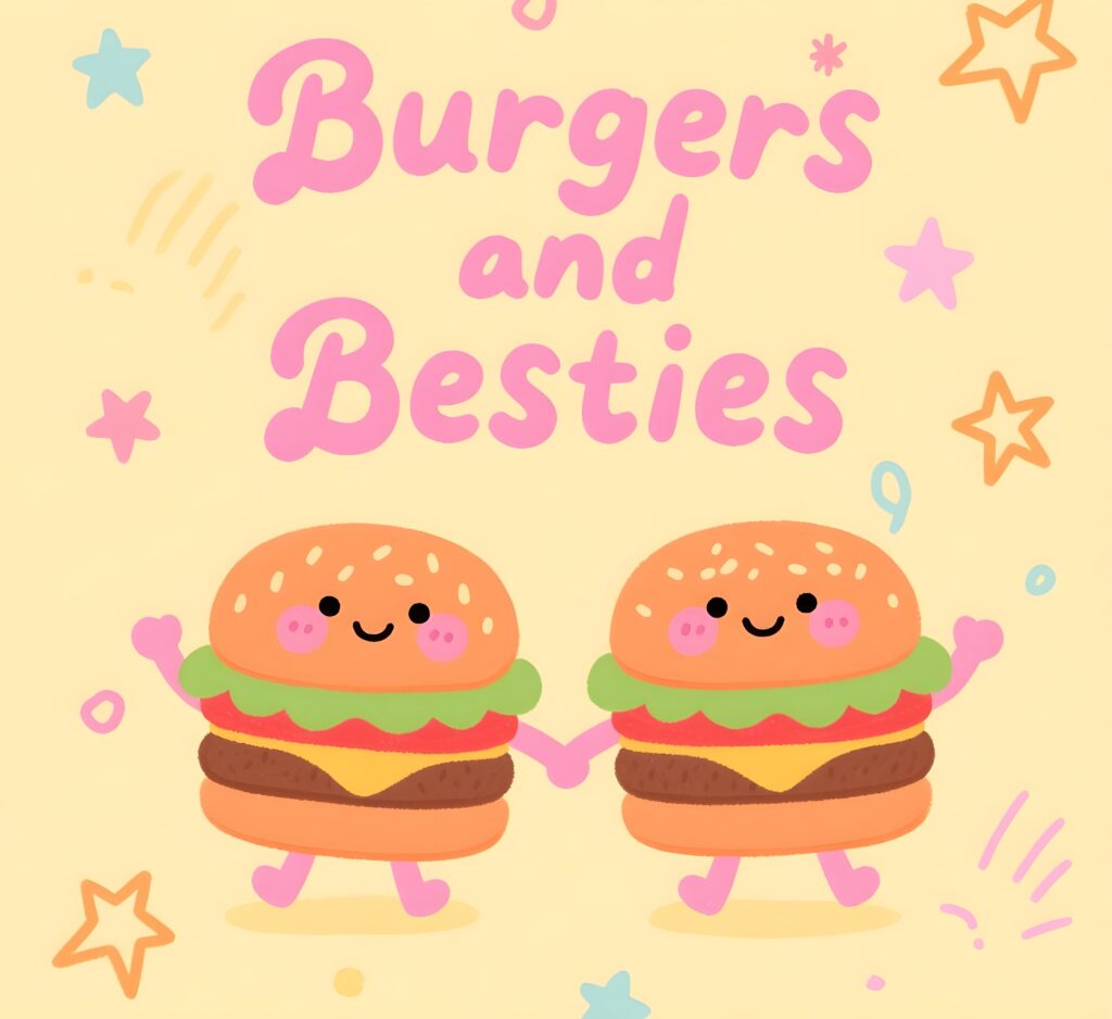 Best friends gathered around a table, smiling and joking while enjoying delicious burgers and playful puns.
