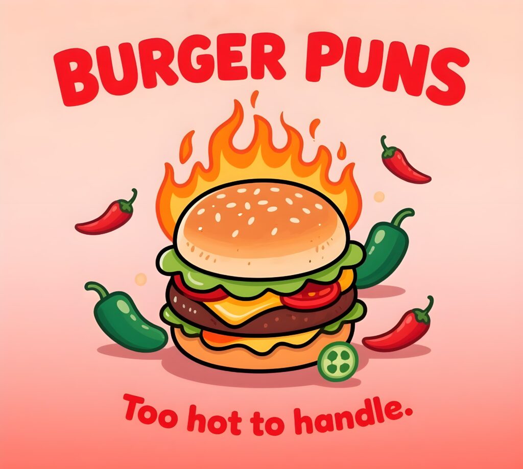 A playful graphic featuring burger puns, showcasing humorous text and vibrant colors that highlight the theme of fun.