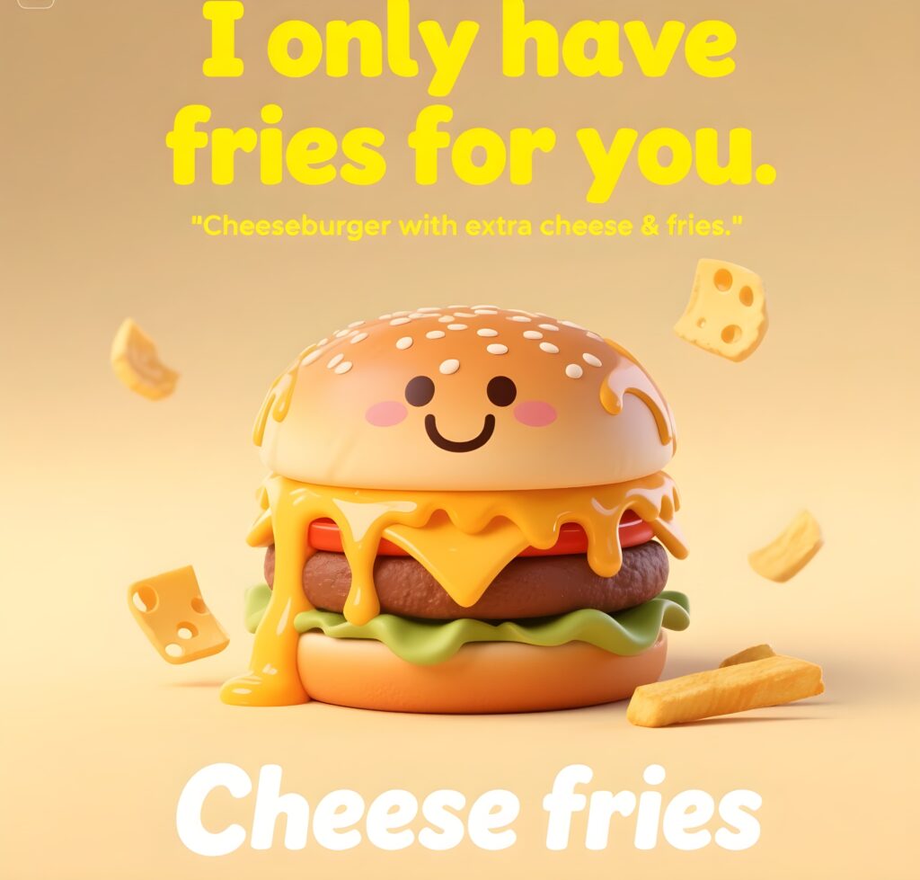 A playful image featuring fries with the text "I only have fries for you," highlighting a burger pun.