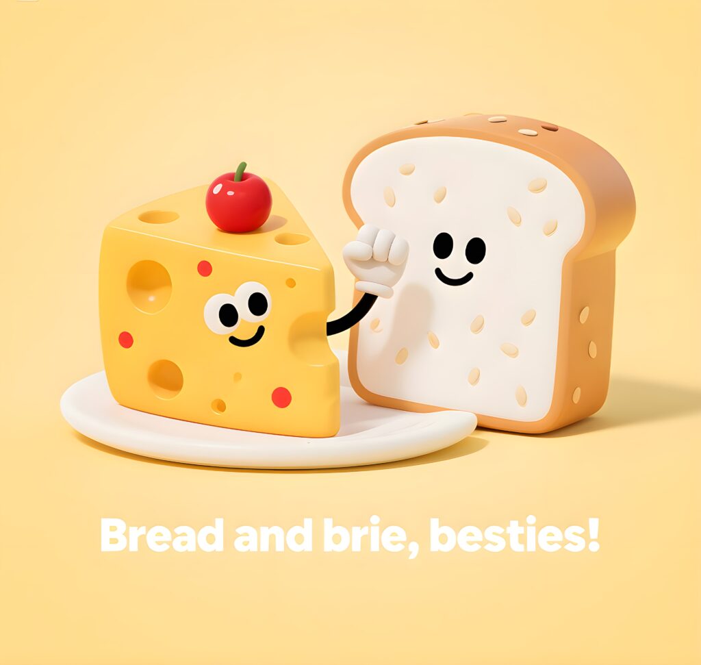 A playful arrangement of bread and brie cheese, featuring fun cheese puns and a lighthearted vibe.