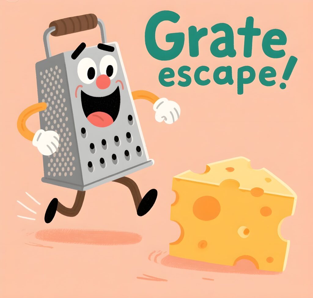 An amusing scene of cheese and puns, creatively illustrating the concept of a "grate escape."