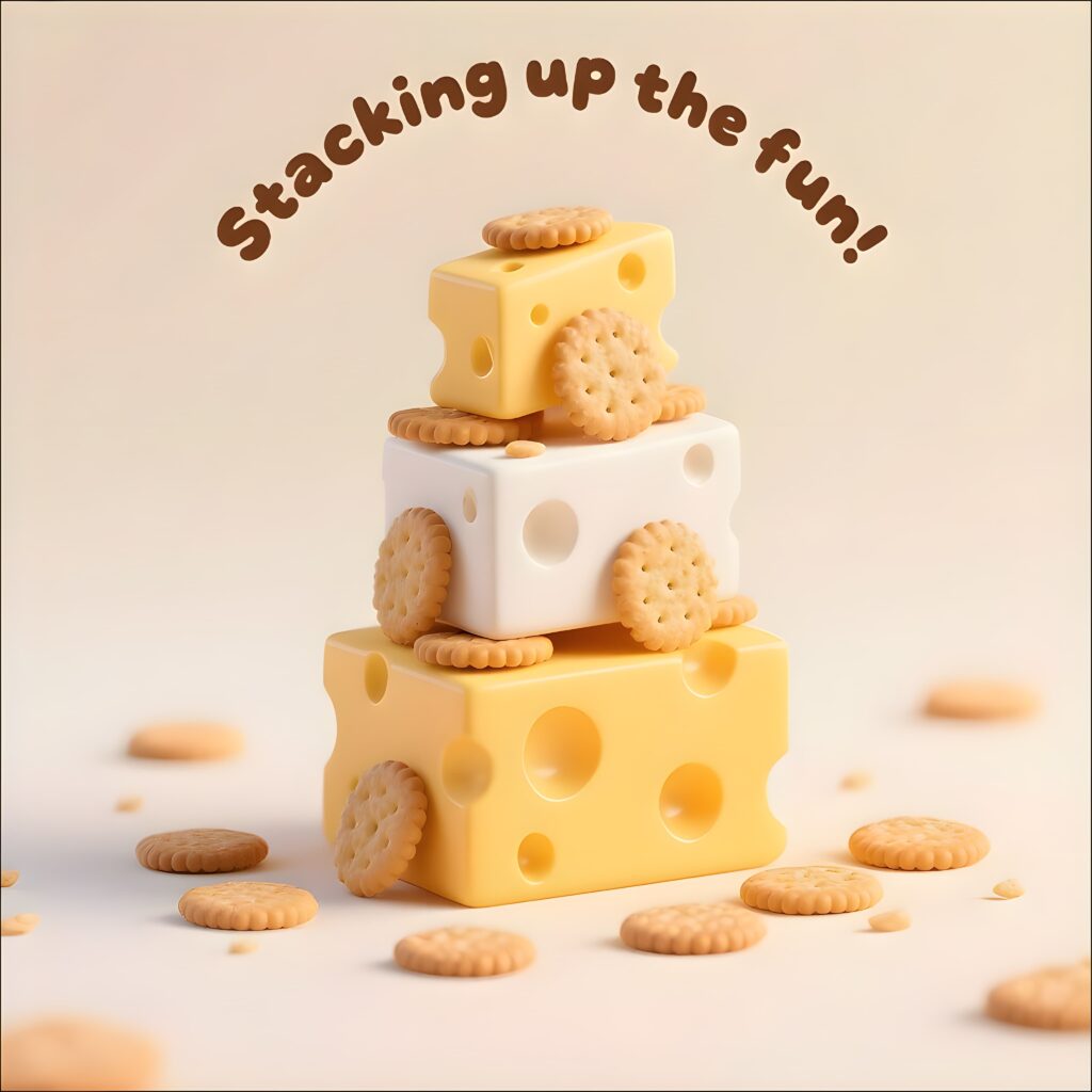 A fun tower of cheese and crackers, ready to bring some cheesy puns to your snack break.
