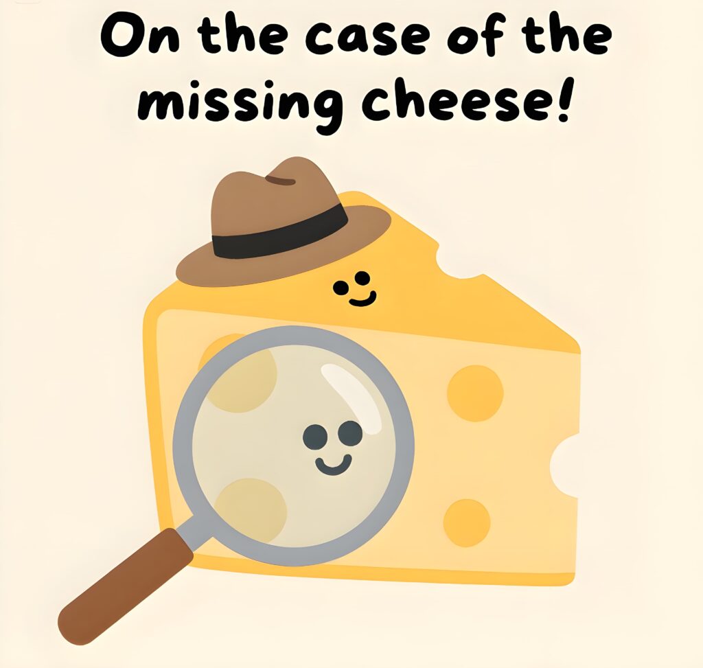 A humorous scene depicting "On the Case of the Missing Cheese," showcasing cheese puns and animated detective characters.
