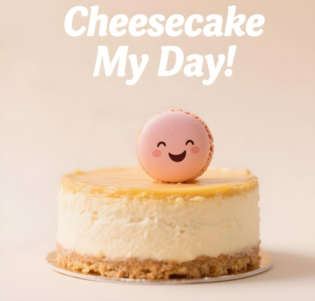A playful cheesecake with a smile, captioned "Cheesecake my day," showcasing a fun pun on dessert.
