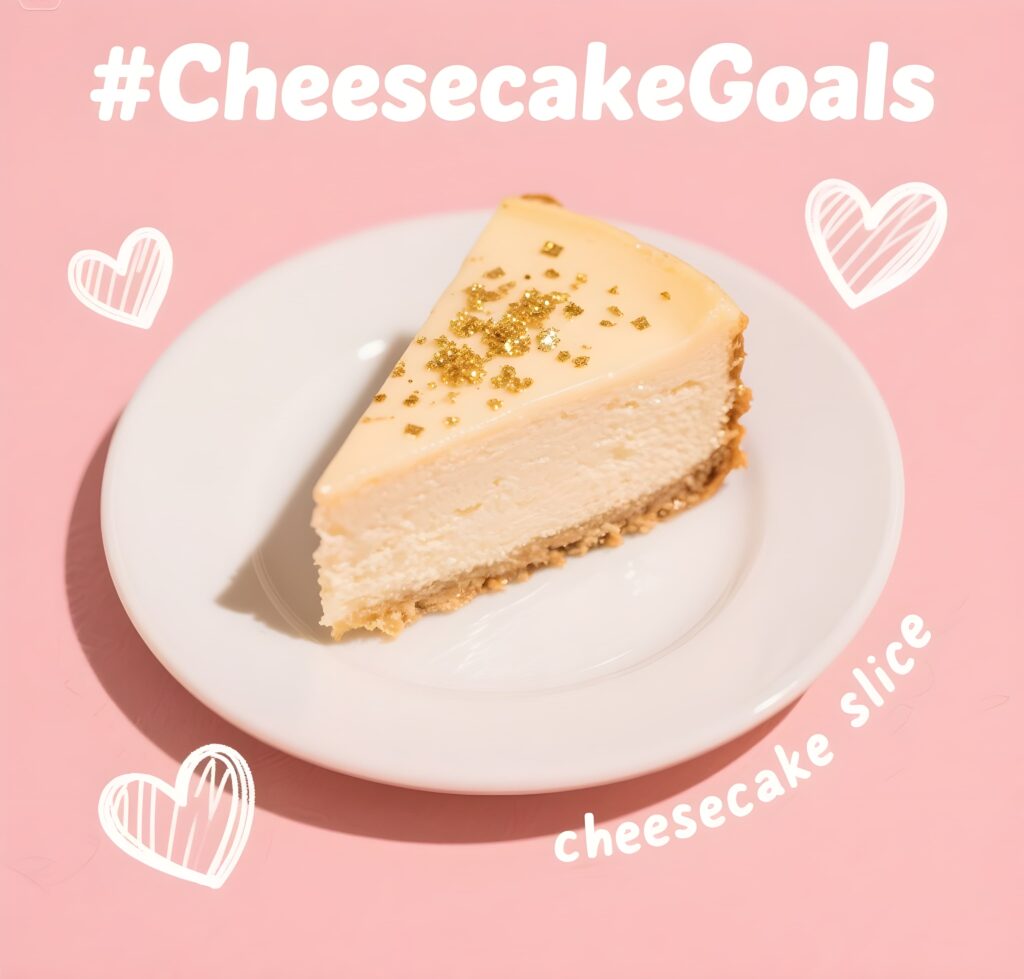 A tempting slice of cheesecake, featuring a lighthearted take on cheesecake goals and puns.