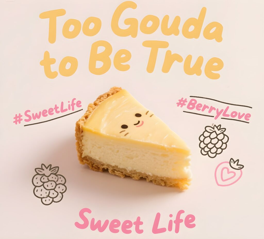 A fun cheesecake-themed image featuring the pun "too guda to be true," appealing to pun enthusiasts.