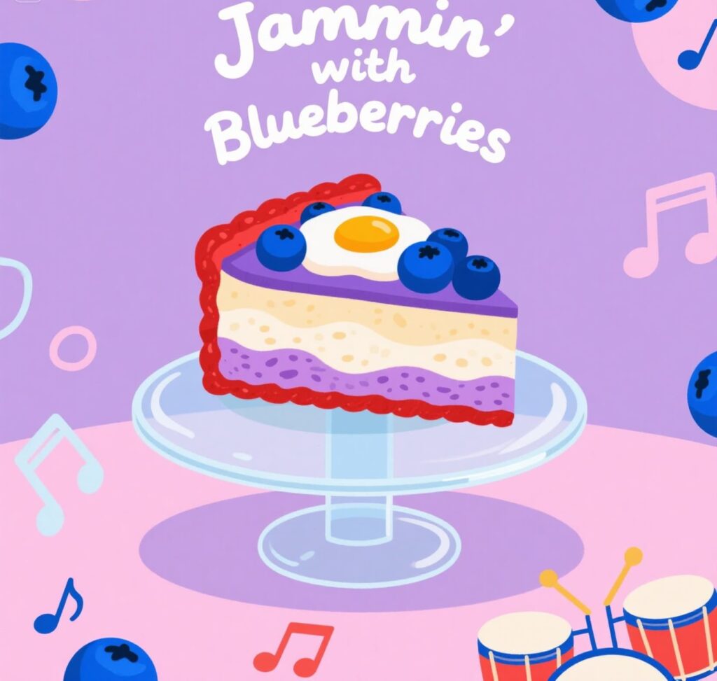 A playful cheesecake topped with blueberries, featuring a fun pun about "jammin' with blueberries."