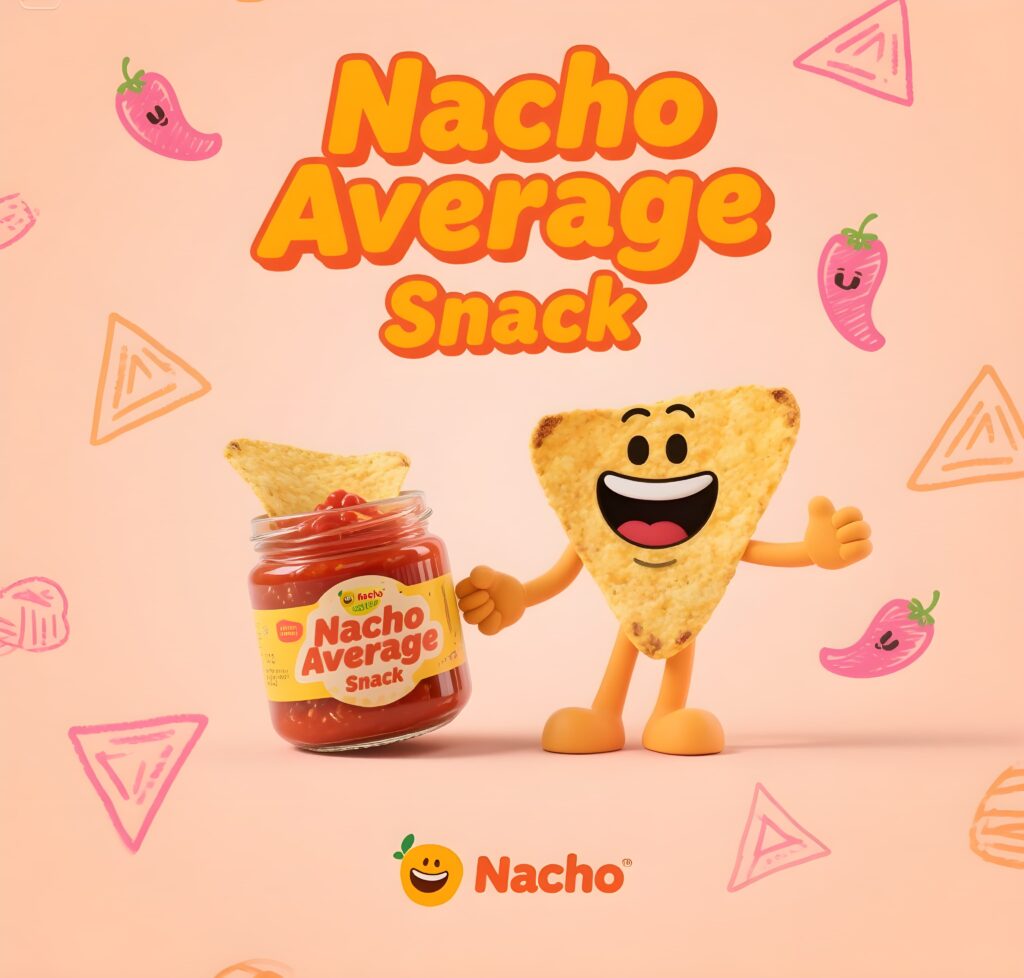 Chips, smiling and surrounded by chip-themed puns and playful graphics.