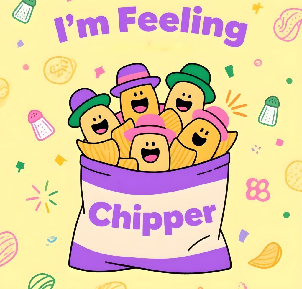 A bag of chips, radiating joy and surrounded by fun chip-related wordplay.