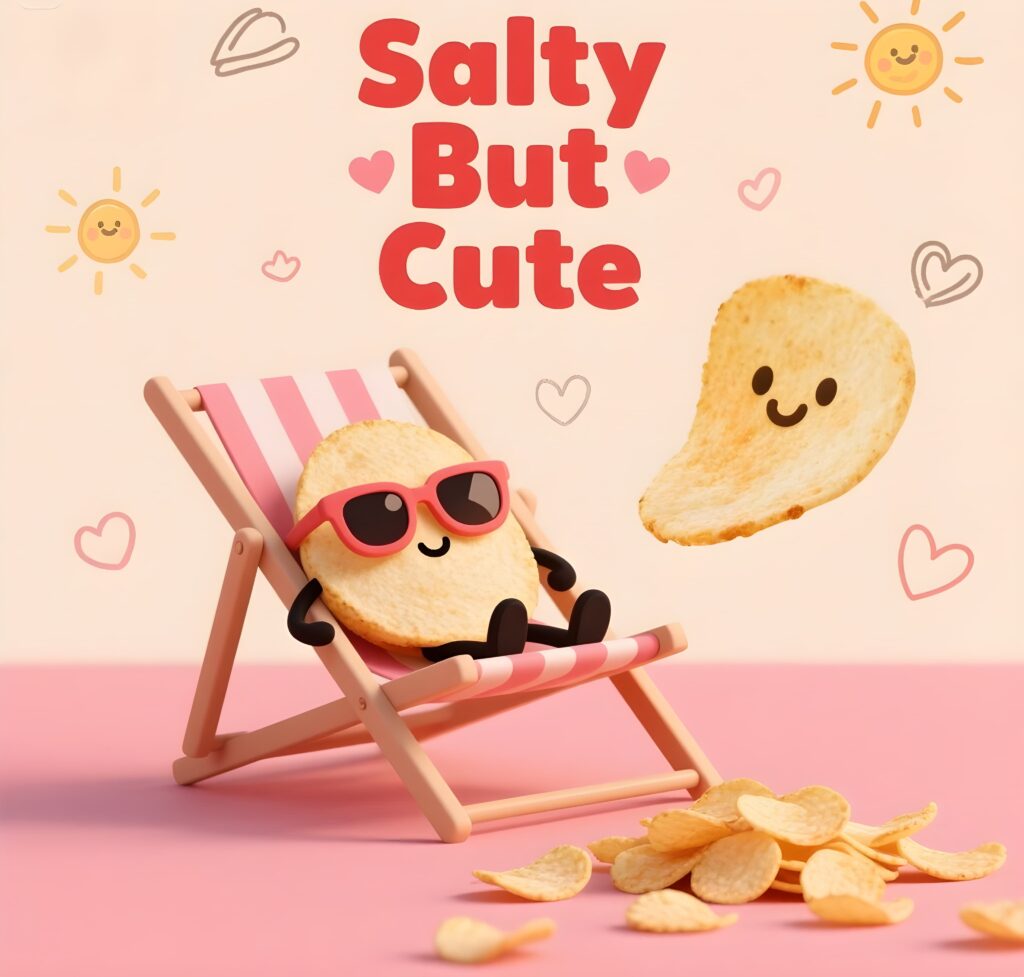 A fun assortment of salty potato chips, exuding cuteness and perfect for sharing chip-related jokes and puns.