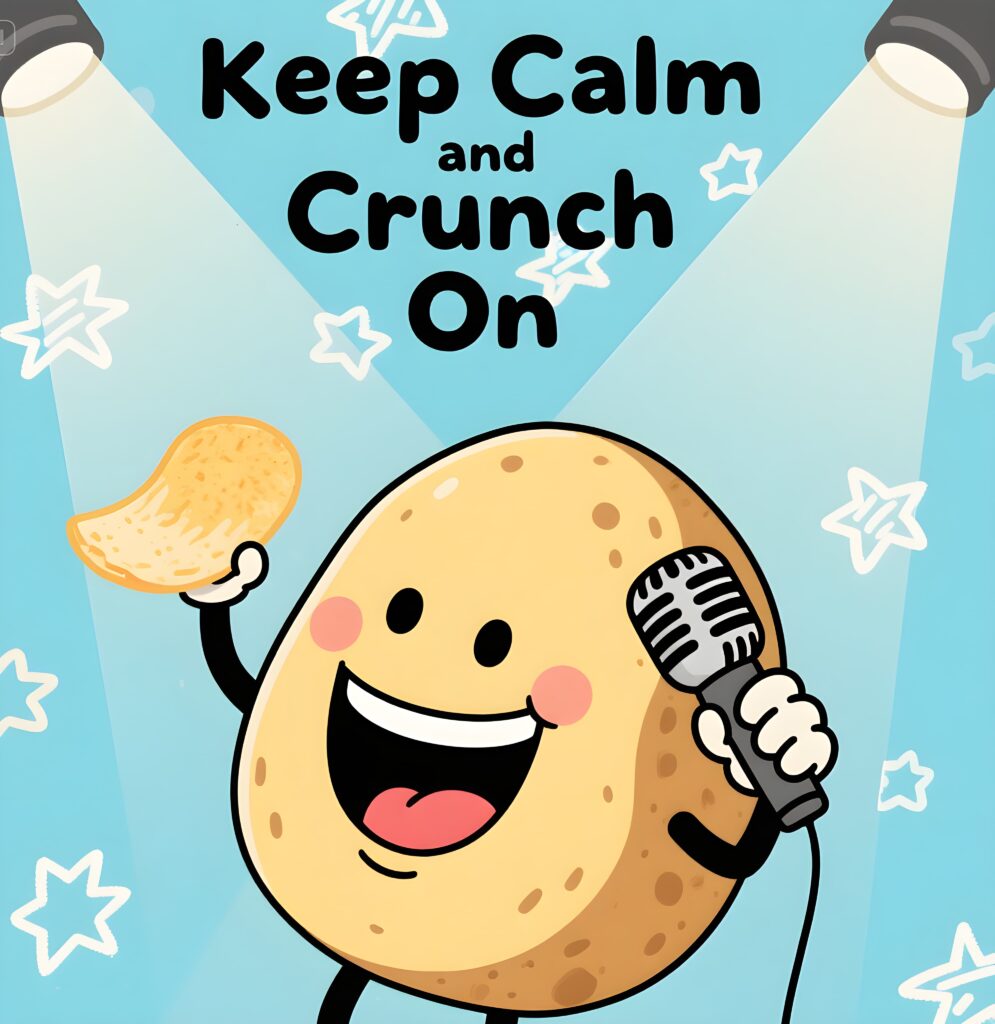 A humorous design displaying "Keep calm and crunch on," illustrated with vibrant potato chips, highlighting a fun snack pun.
