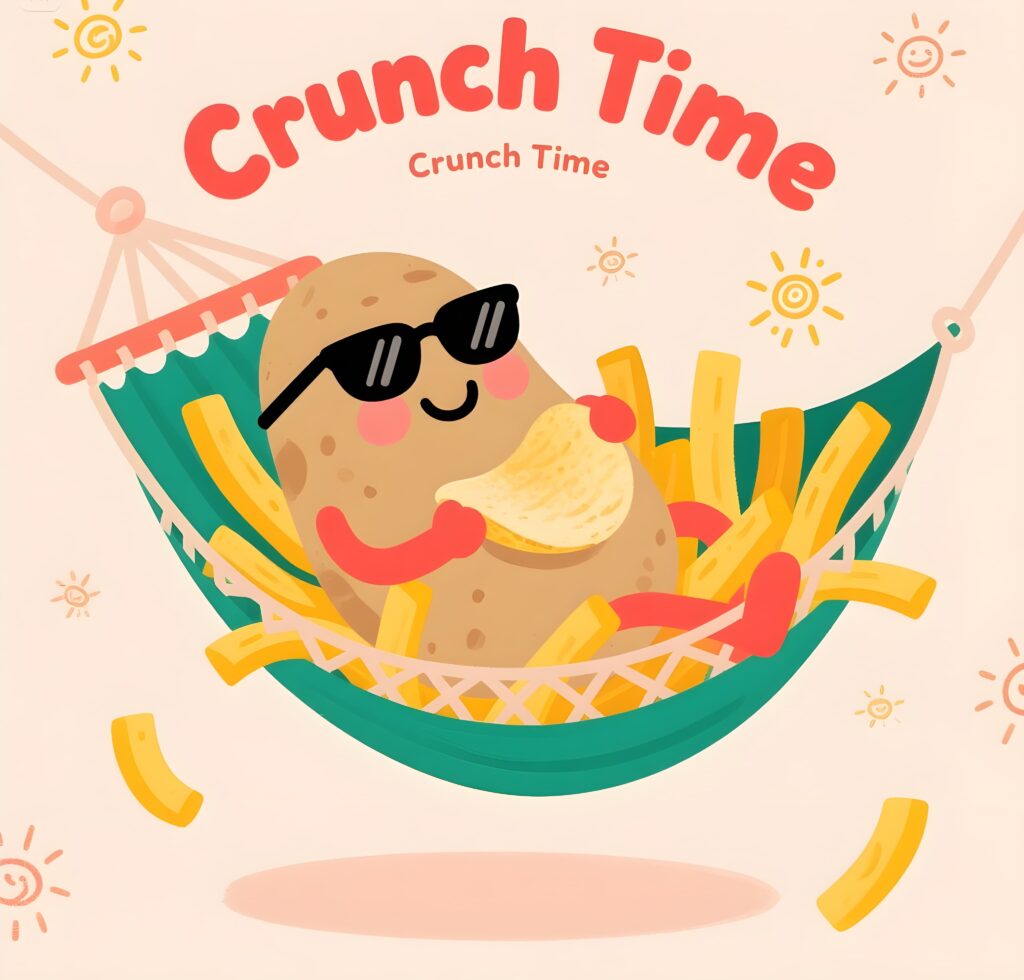 A potato in sunglasses relaxes in a hammock with the phrase "crunch time," playing on chip puns.