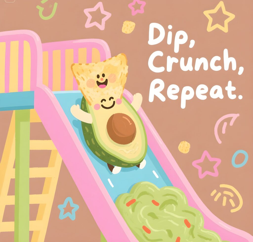 A playful slide featuring an avocado and the phrase "dip, crunch, repeat," highlighting fun chip puns.