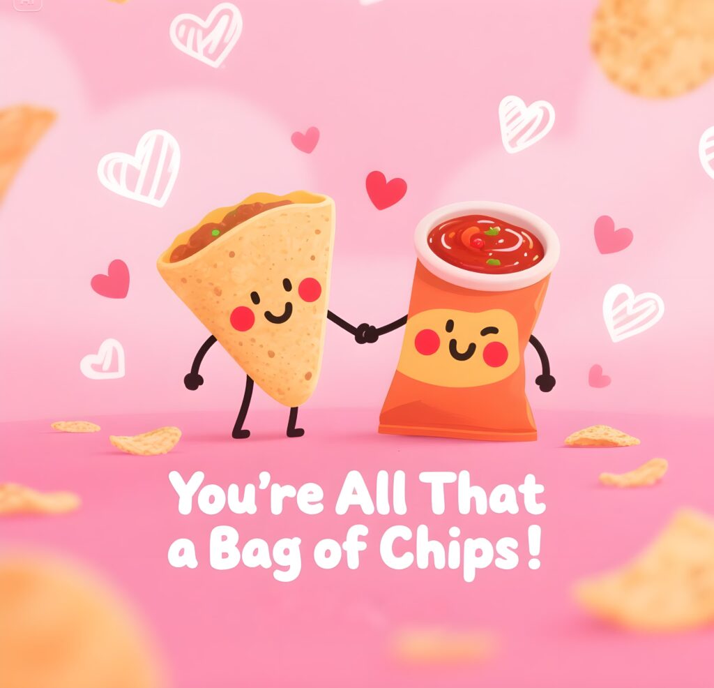 Taco Bell and chips with the text "You're all that a bag of chips," showcasing a humorous chip-related pun.