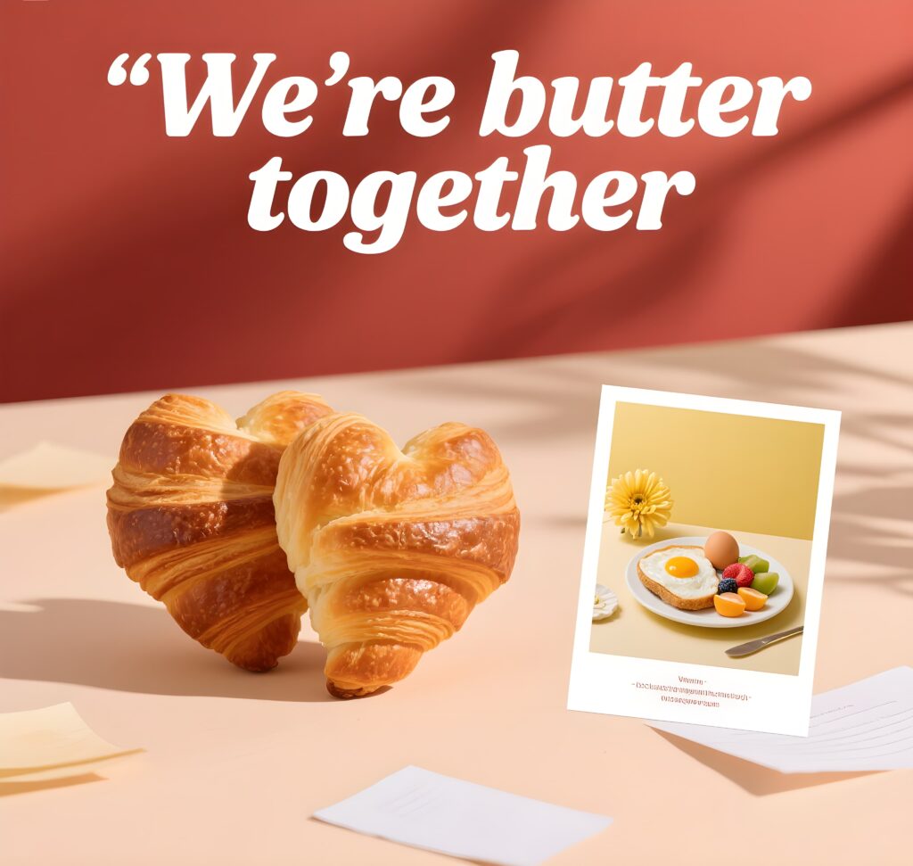 A cute illustration of a croissant paired with the words "we're butter together," emphasizing a fun food pun.