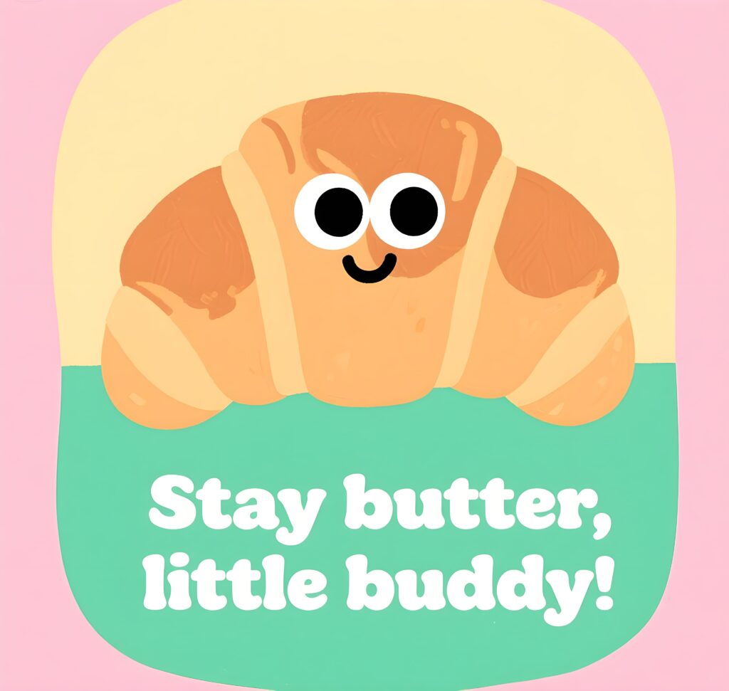 A cute croissant graphic with the phrase "stay butter, little buddy," showcasing a fun.