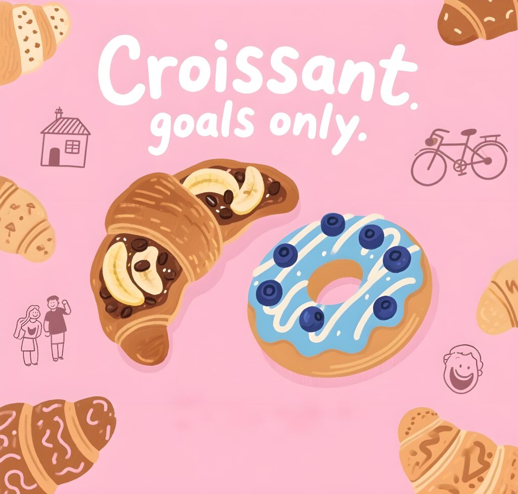 A whimsical croissant graphic with the phrase "croissant goals only," showcasing a lighthearted take on ambitions.