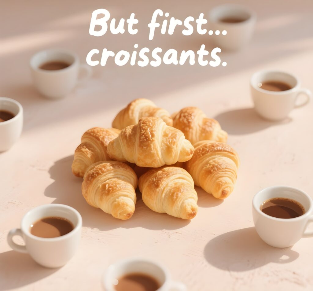 A fun image showcasing the text "but first croissants" alongside a cute croissant, celebrating croissant humor.
