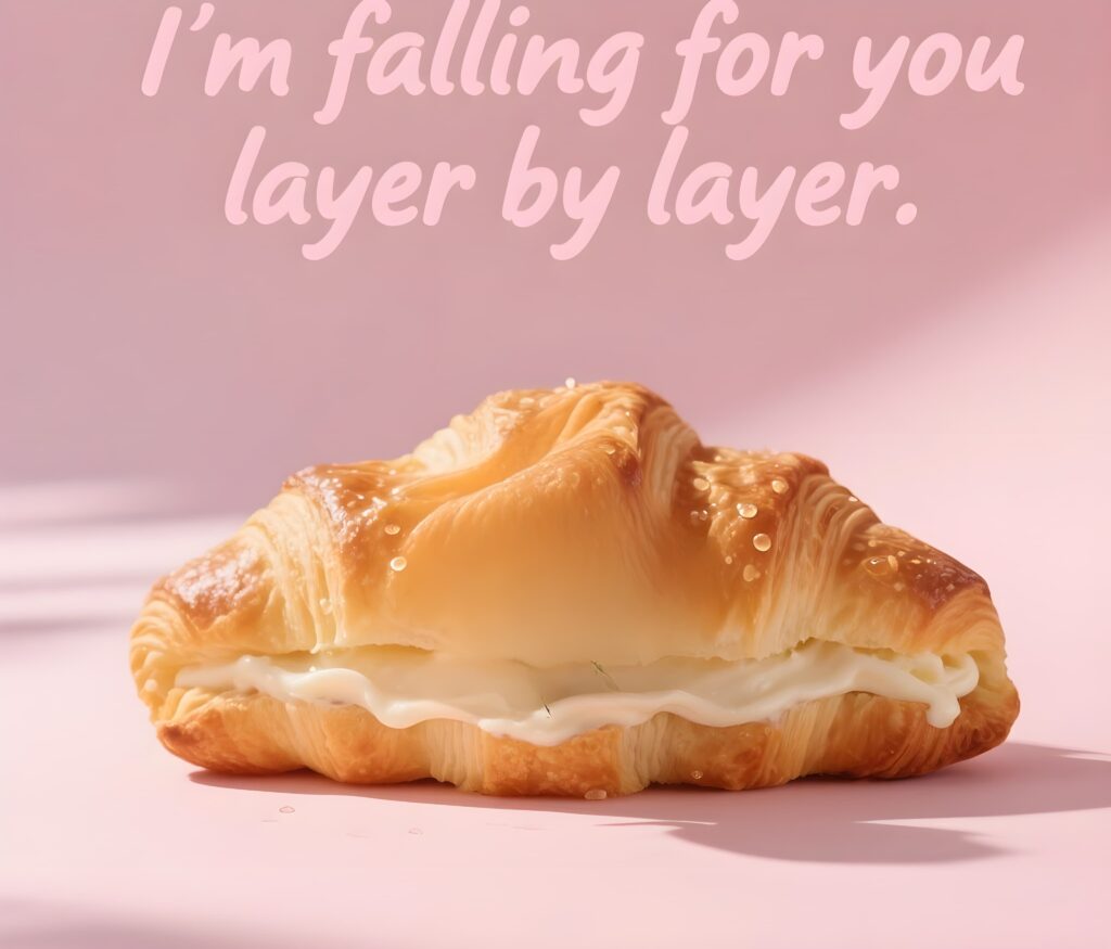 A croissant with the playful text "I'm falling for you" layered on top, showcasing a fun pun about love.