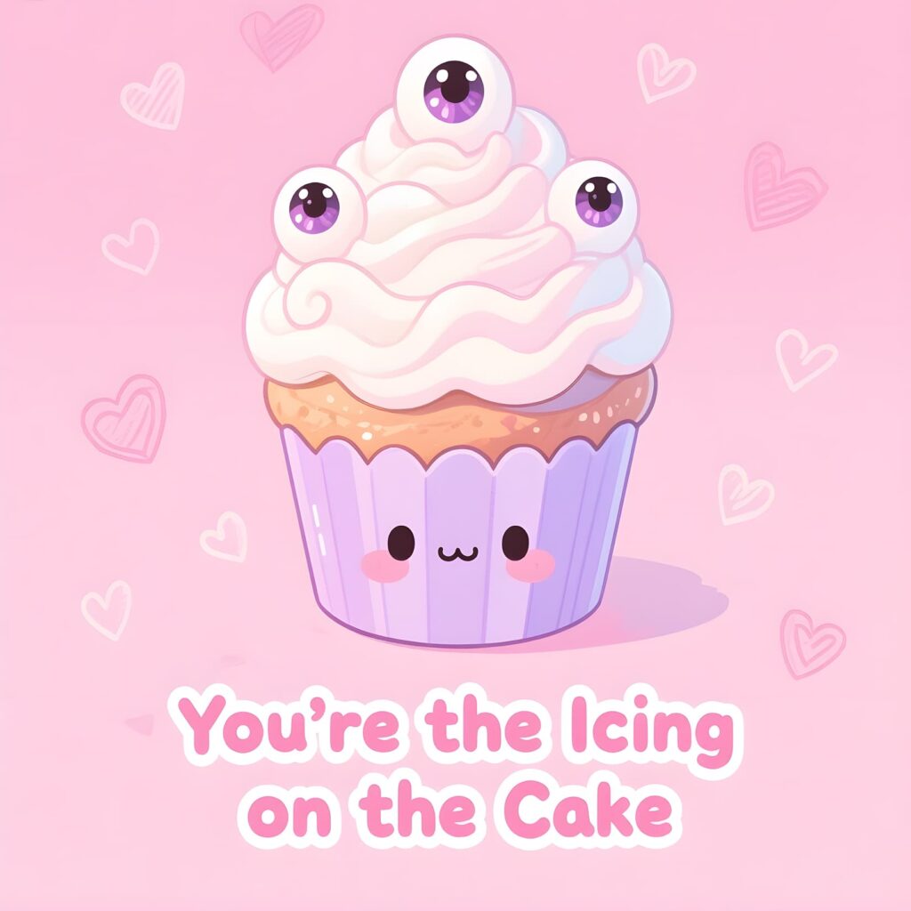 A decorated cupcake topped with vibrant icing, featuring the phrase, "You're the icing on the cake," highlighting playful puns.