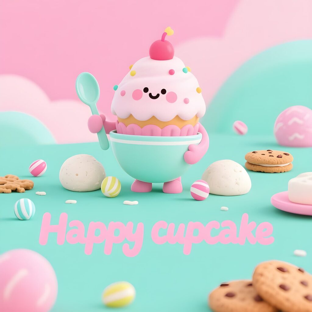 A cute, happy cupcake character with a big smile, adorned with sprinkles, embodying the essence of cupcake puns.