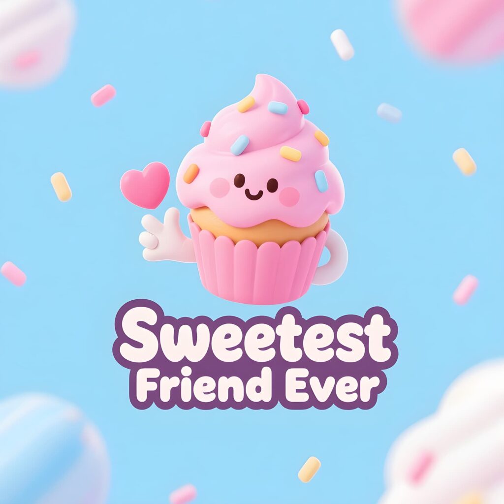 A cheerful cupcake with a smiling face, surrounded by playful cupcake puns, representing the sweetest friend ever.