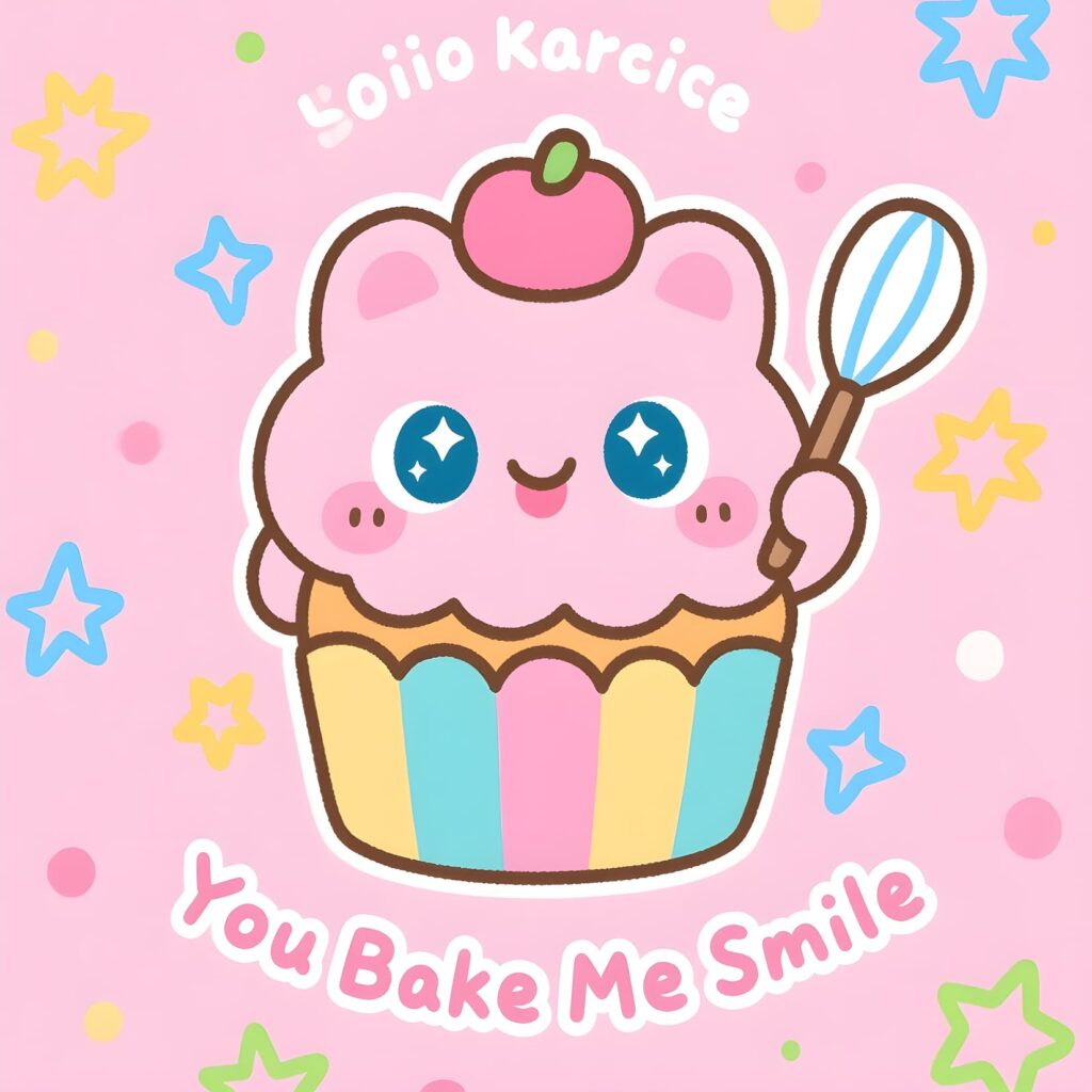 A playful cupcake illustration with the text "You bake me smile," featuring colorful sprinkles and a cheerful design.