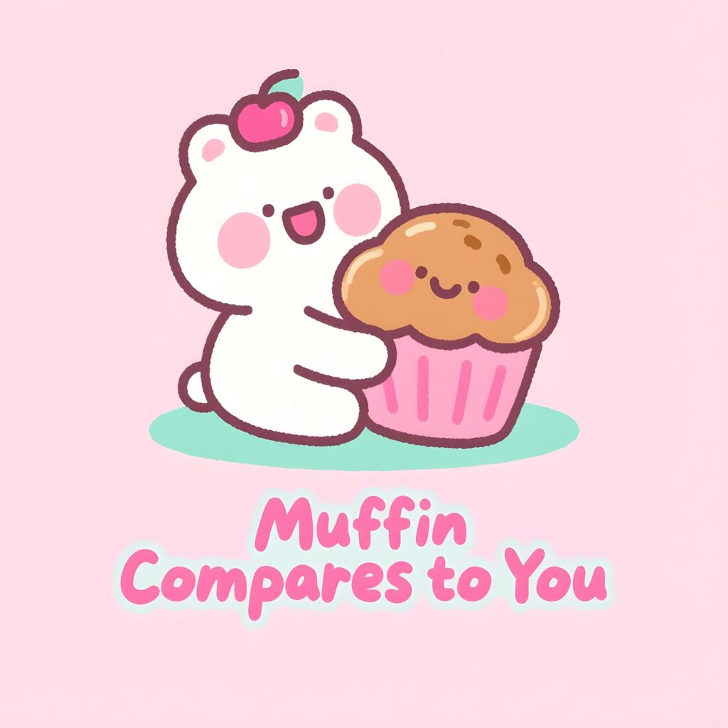 A cartoon muffin with a cheeky expression, stating, "I muffin compares to you," surrounded by colorful cupcake-themed graphics.