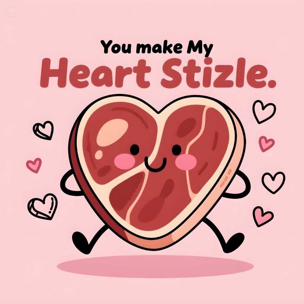 A whimsical graphic of a heart made of steak, accompanied by the phrase "You make my heart steak" in vibrant colors.