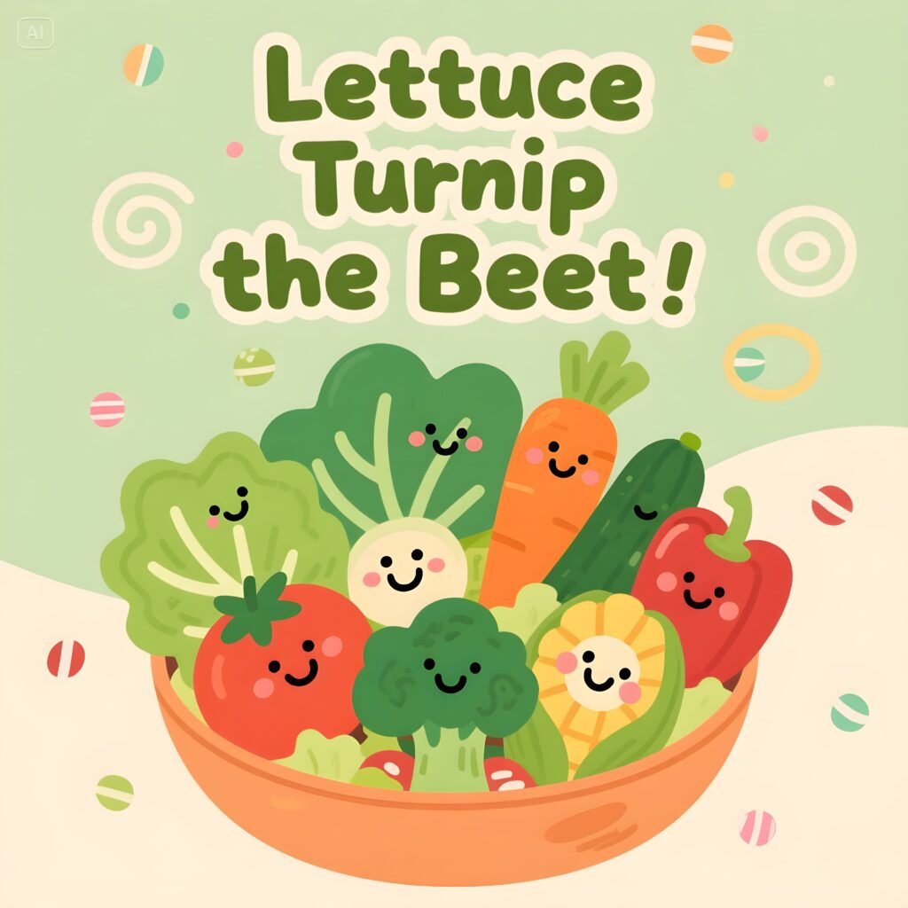 A fun cartoon of cabbages at a party, featuring vibrant leaves and playful lettuce puns.