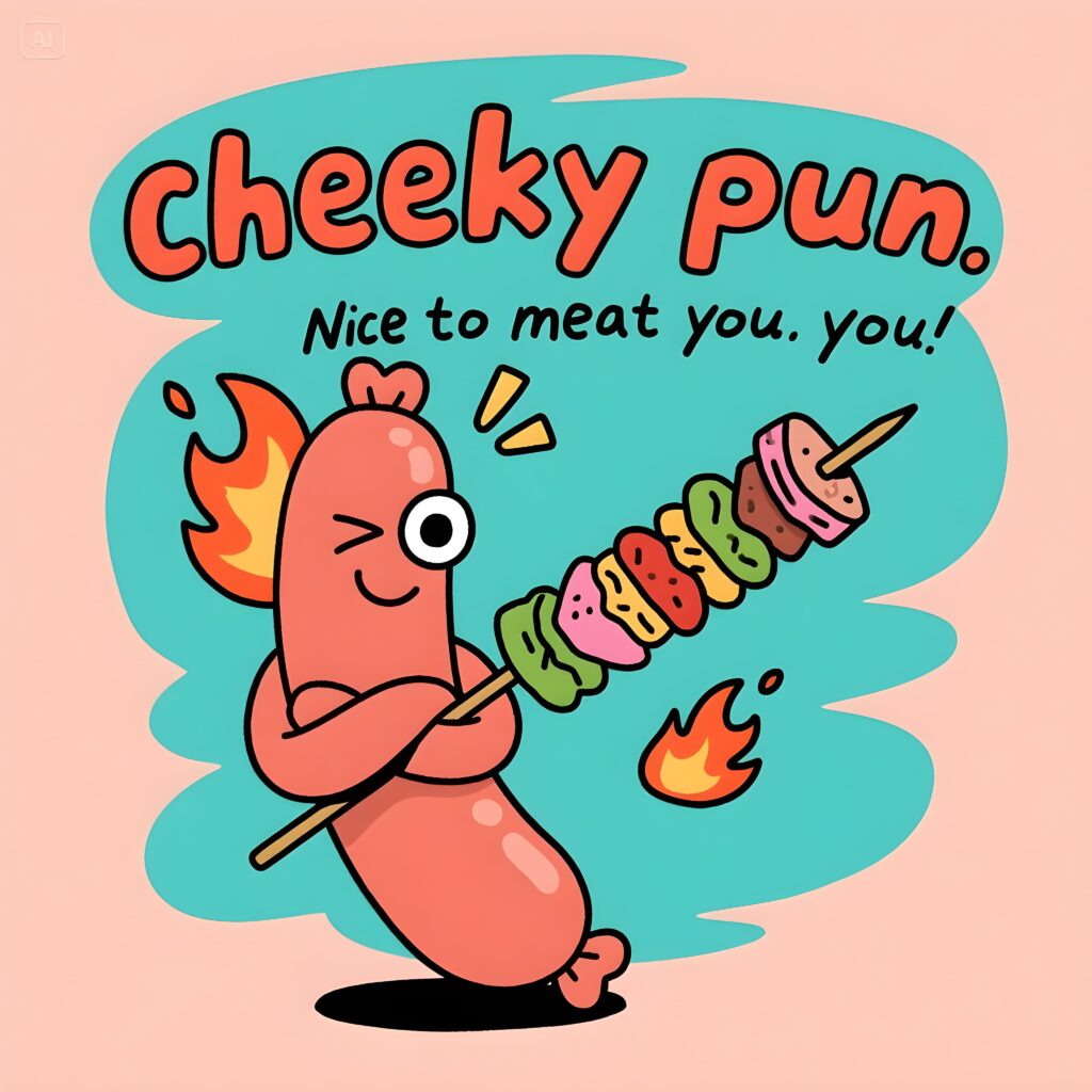 A humorous illustration of meat characters saying "Nice to meat you," showcasing a fun take on meat puns.