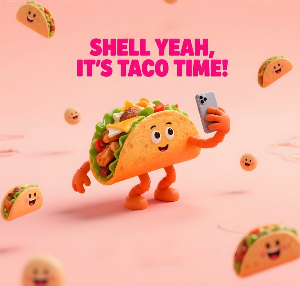 Taco Bell's ad features playful taco puns, promoting their new campaign as a fun and delicious treat.
