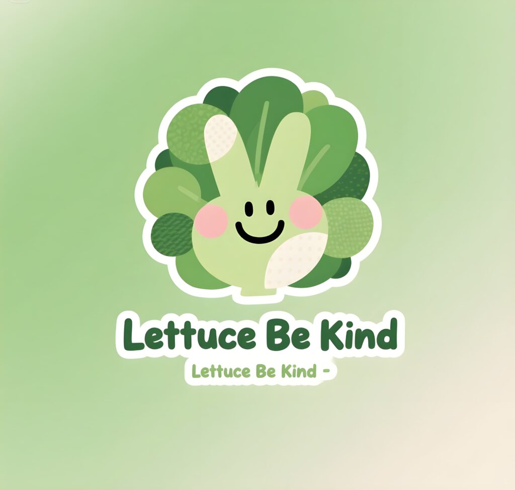 Fun logo for "Lettuce Be Kind," showcasing a cheerful lettuce design with a pun about kindness.
